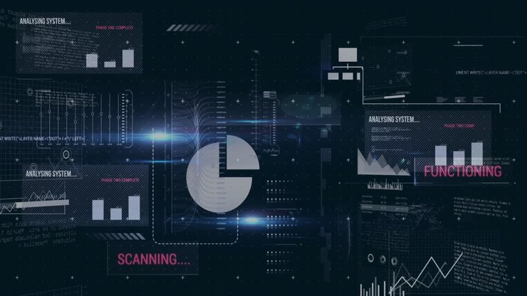 Animasjon av flere ikoner over tekster, grafer og dataspråk mot en svart bakgrunn.