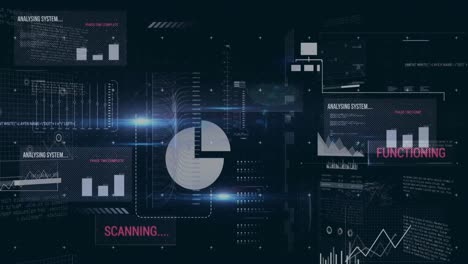 Animation of multiple icons over texts, graphs and computer language against black background