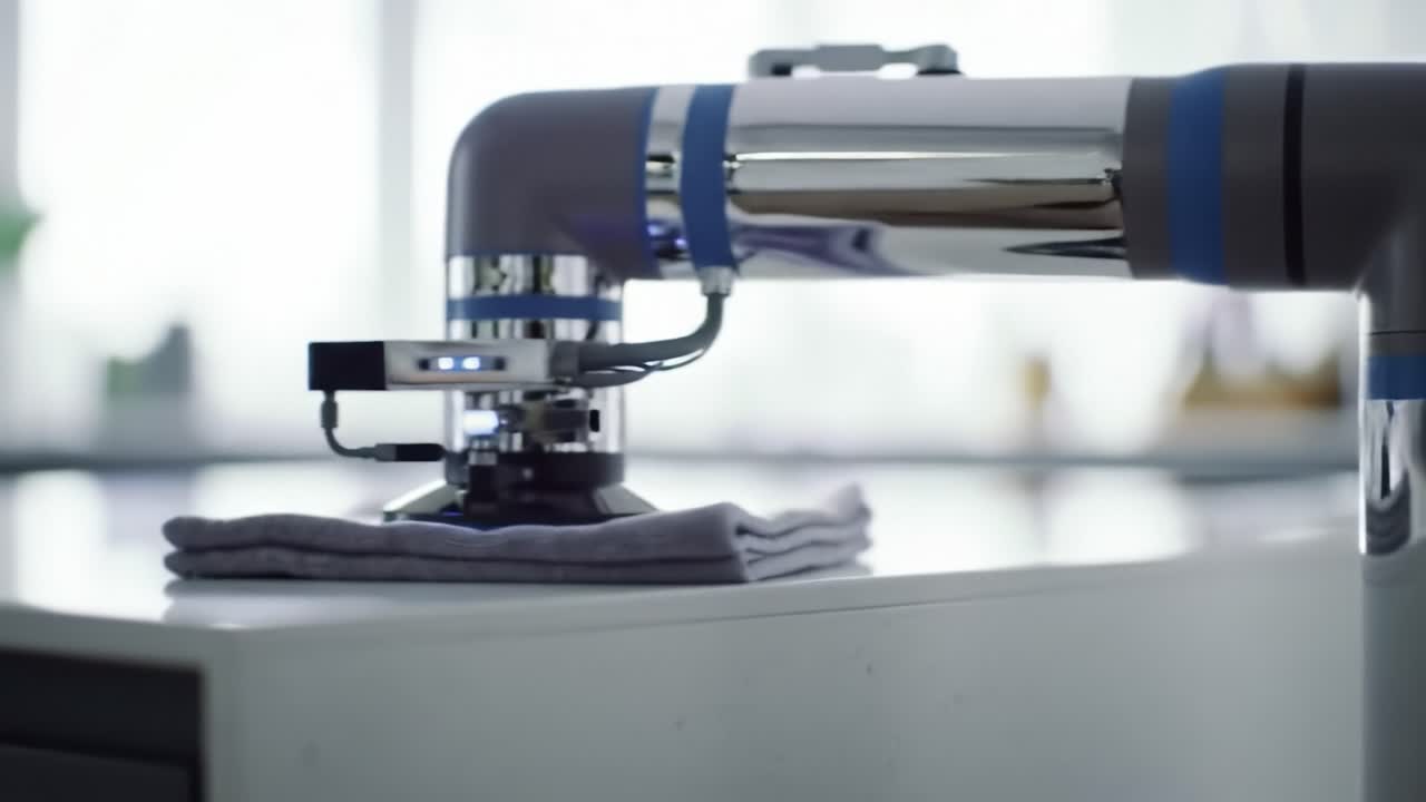 A High-Tech Robotic Arm Engaging in Precision Cleaning with an Automated Cloth on a Surface, Showcasing Advanced Automation in Household Tasks