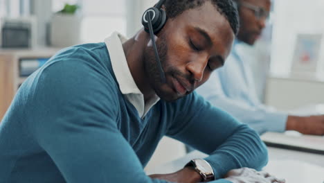 Sleep,-customer-support-and-tired-black-man