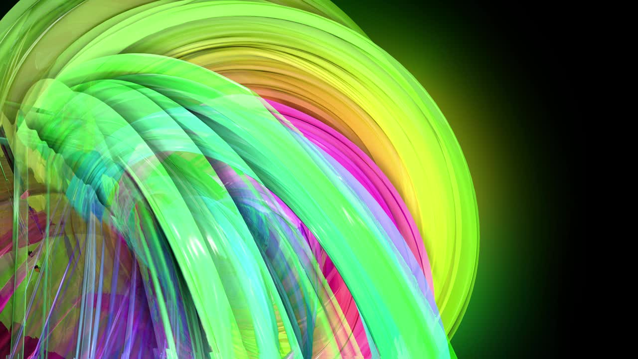 transparent colored lines with a neon glow on a black background. Motion graphics 3d looped background with multicolor colorful rainbow ribbons. Beautiful seamless background in motion design style 23