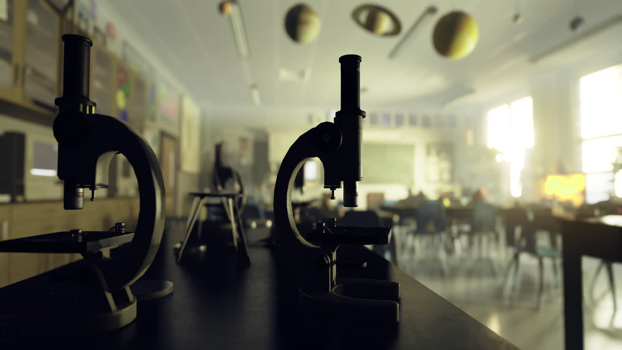 Microscopi su un tavolo da laboratorio in un'aula ben illuminata durante l'orario scolastico