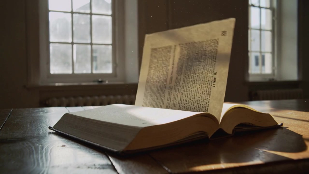 Corrente d'aria che solleva una pagina di libro, incurvandola e poi facendola posare su un tavolo di legno vicino alle finestre con una cartella e granelli di polvere.