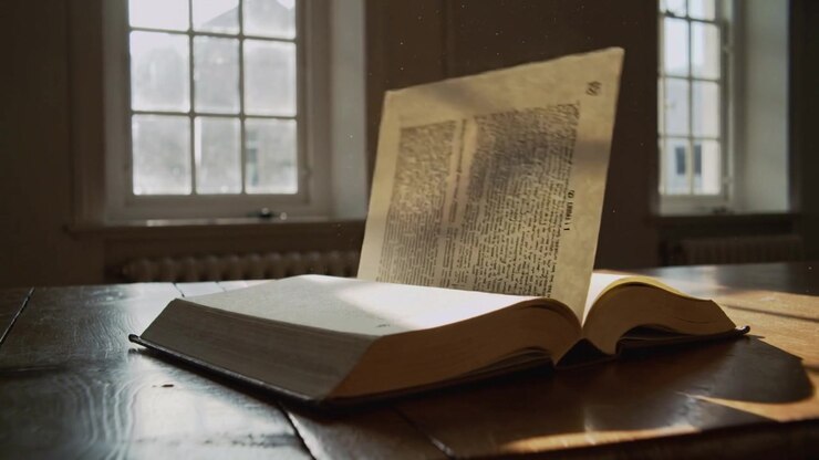Draft lifting book page, arcing then settling on wooden table near windows with folder, dust motes