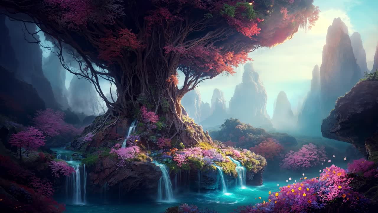 Explore the majestic and enchanting fantasy forest featuring stunning waterfalls and vibrant flora