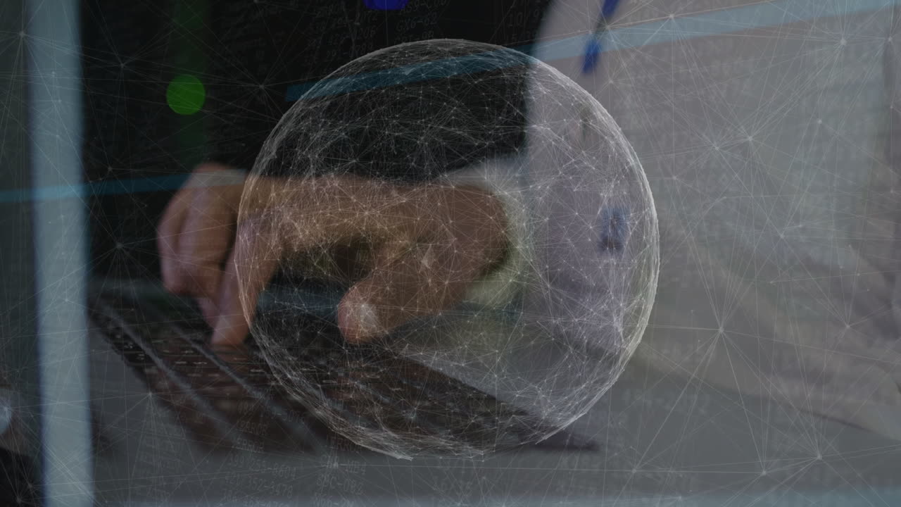 Hands typing on laptop keyboard with digital globe network overlay animation