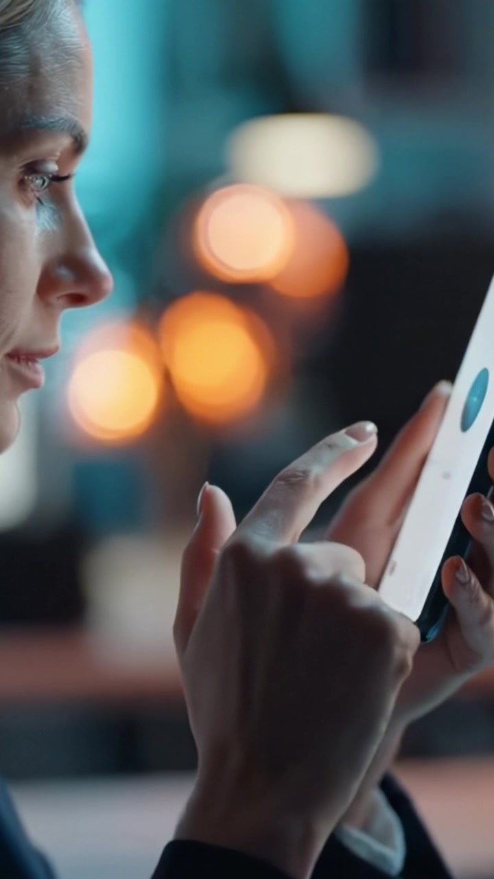 Donna che usa lo smartphone mentre è impegnata in un'interazione digitale, concentrandosi sullo schermo con uno sfondo moderno, mettendo in mostra tecnologia e connettività da una prospettiva professionale.