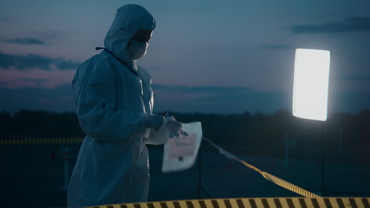 Scienziato con equipaggiamento protettivo che effettua la raccolta di campioni all'aperto