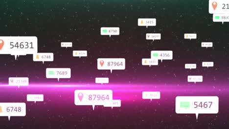 animation of social media icons and numbers on white banners over stars on night sky