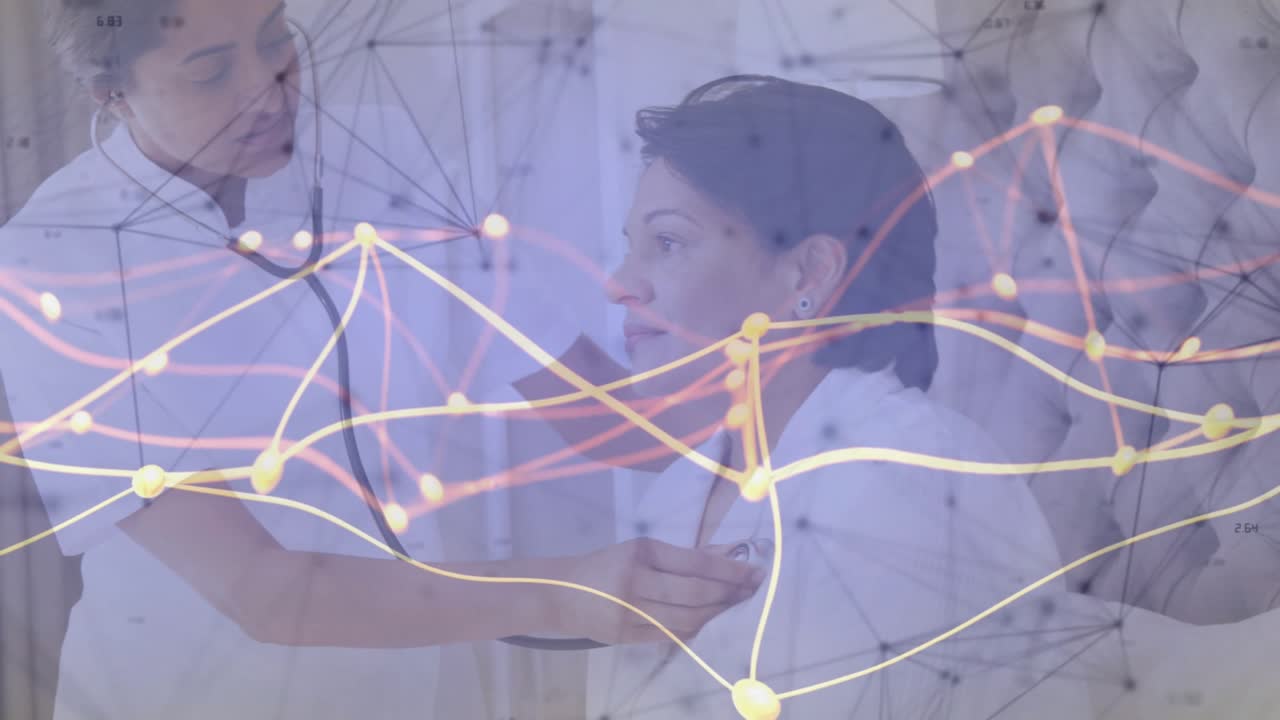 Doctor placing stethoscope on patient's chest and monitoring sounds with network overlay moving