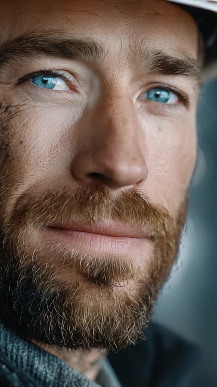 Close-Up Portrait of a Rugged Worker with Striking Blue Eyes and a Determined Expression, Capturing the Spirit of Hard Work and Resilience in an Industrial Setting