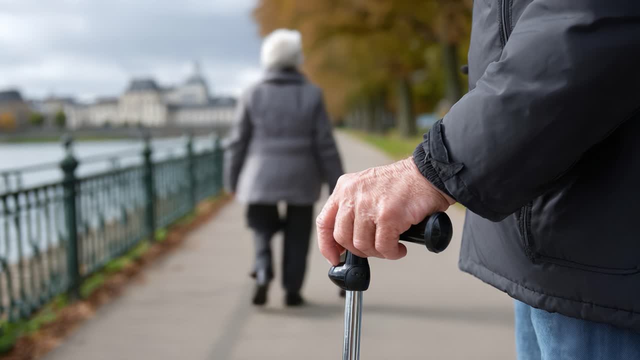 An elderly person walks with a cane along a serene riverside path, reflecting life's journey and the quiet companionship found in shared moments of solitude