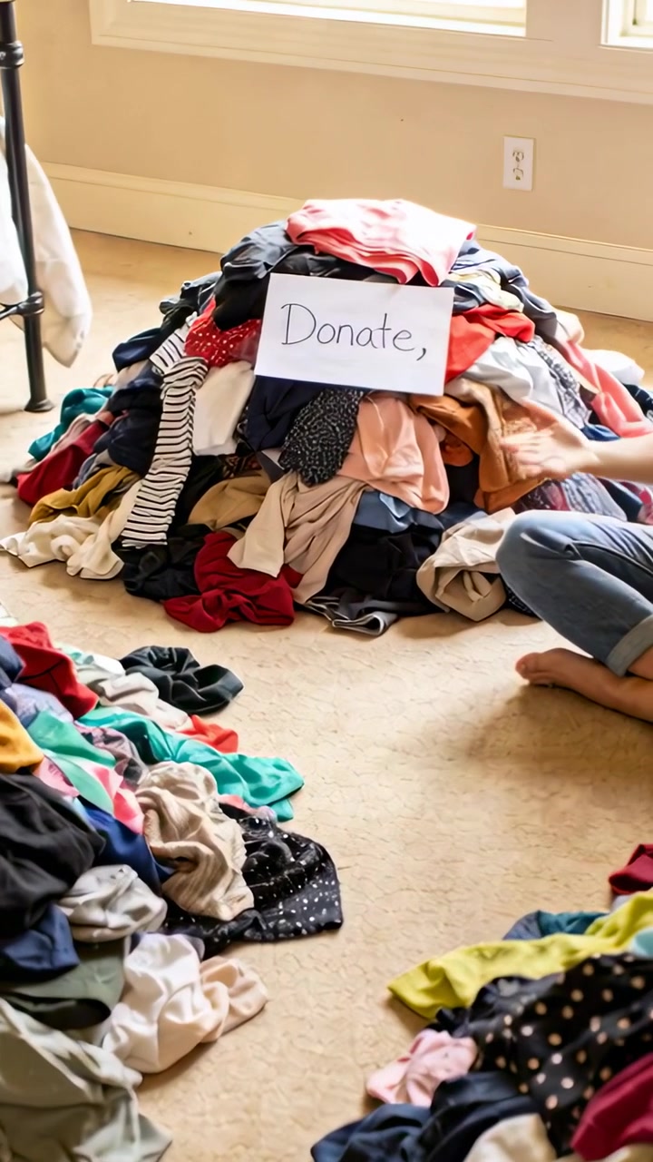 Vertical video: Sorting woman in denim pointing to donation pile at home, with Donate sign
