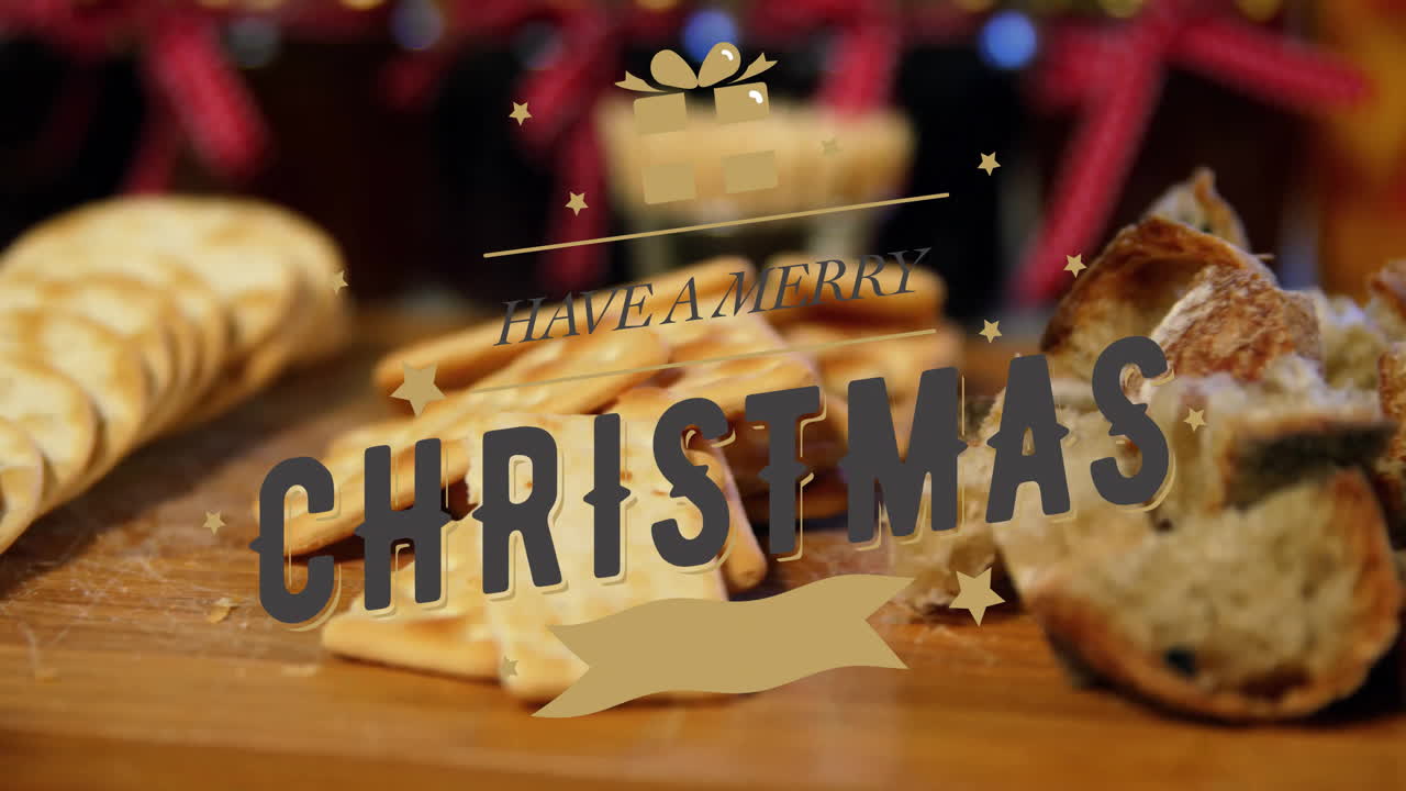 Merry Christmas text with festive animation over crackers and bread on table