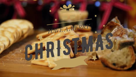 merry christmas text with festive animation over crackers and bread on table