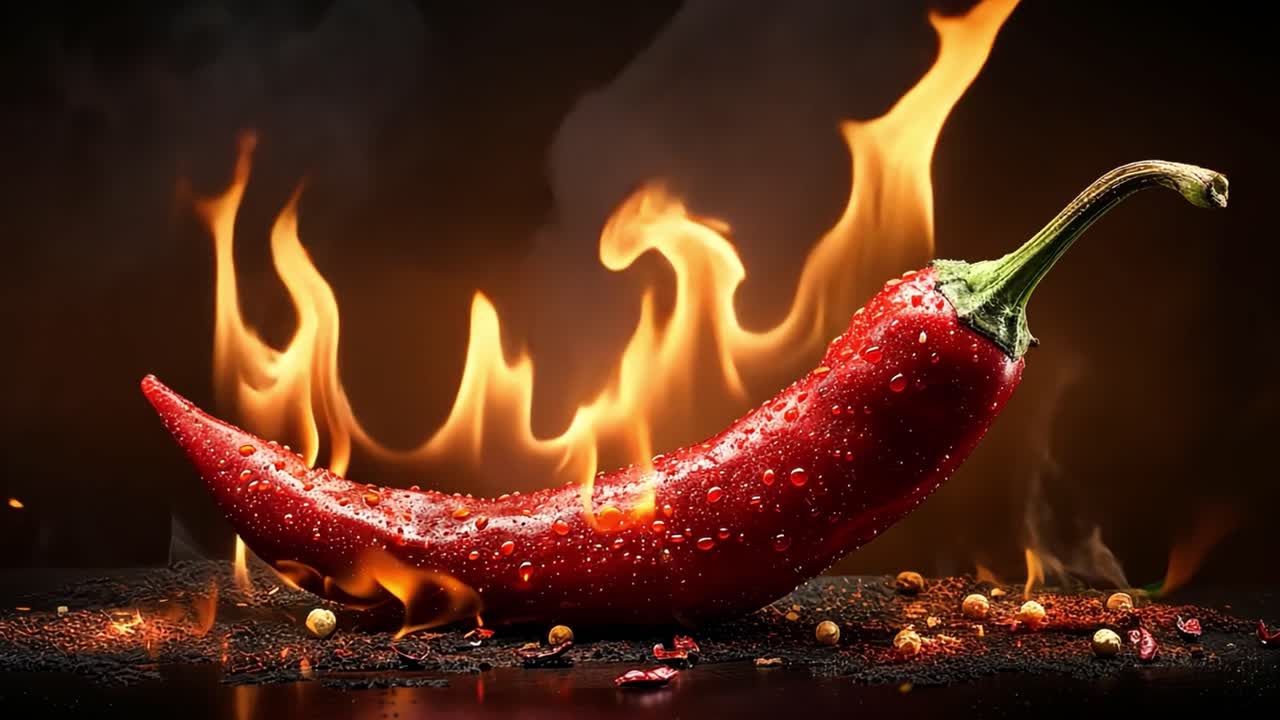 Fiery Red Chili Pepper with Water Droplets