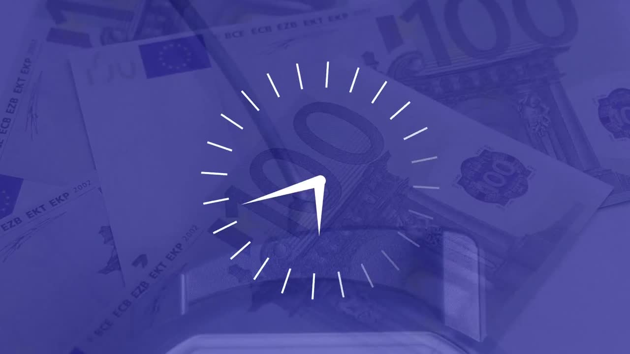 Animación de un reloj moviéndose sobre billetes