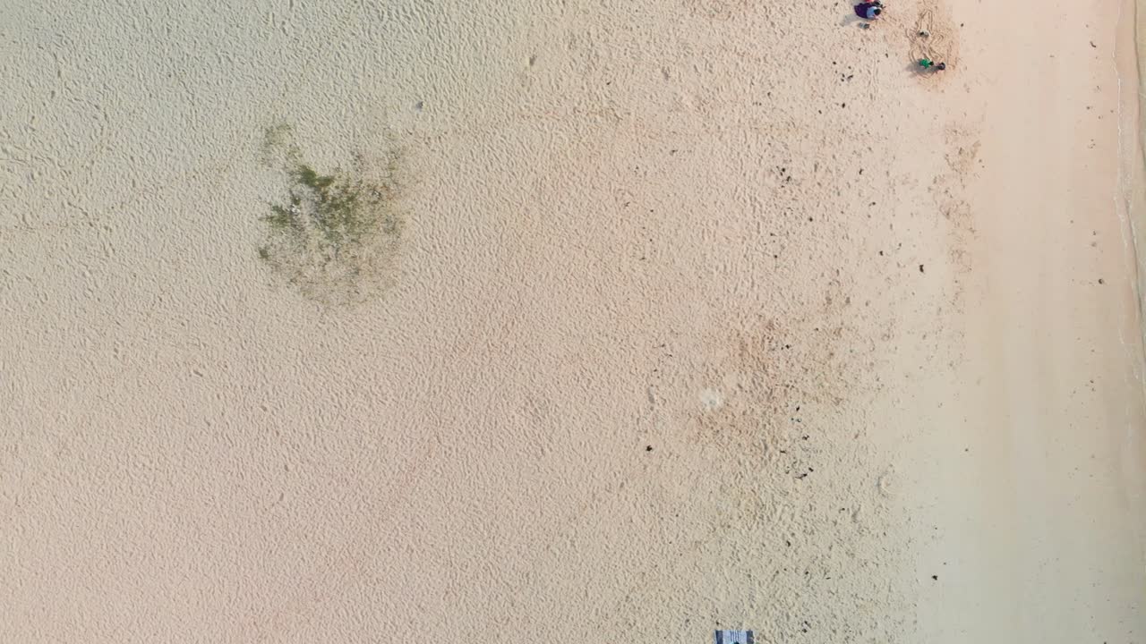 Veduta aerea della spiaggia di Flic En Flac con cartelli piantati nella sabbia.