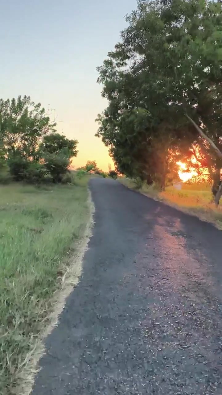 Passeggiata lungo una tranquilla strada di campagna al tramonto