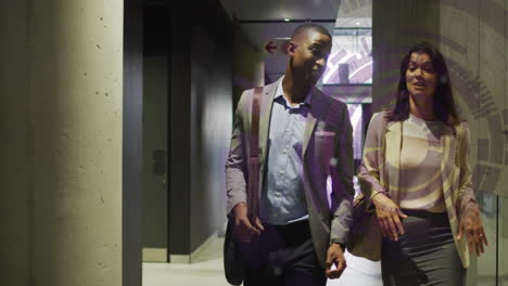 walking through office hallway, business professionals with bags, digital network animation over