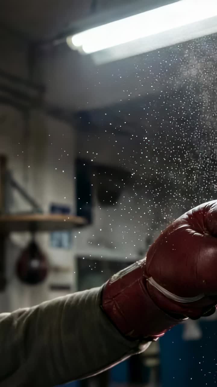 Video verticale: Trapano di avviamento, pugile in felpa con cappuccio che tira jab per allenamento in palestra, guanti rossi