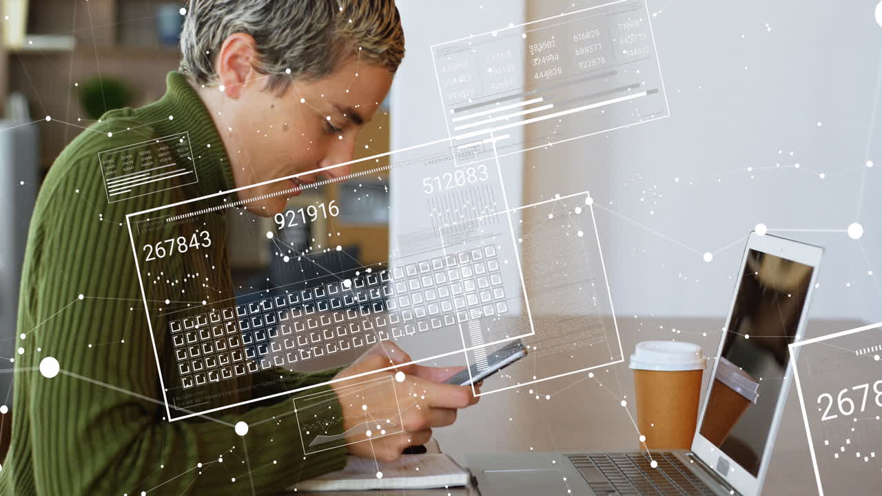 Animation of data processing over biracial woman using smartphone