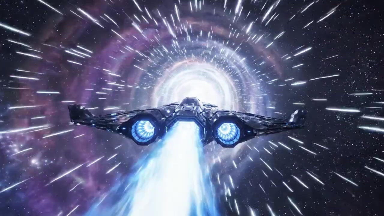 Un'elegante astronave naviga attraverso un vorticoso tunnel cosmico, accelerando con una brillante spinta blu, mostrando un design futuristico e uno scenario di spazio profondo.