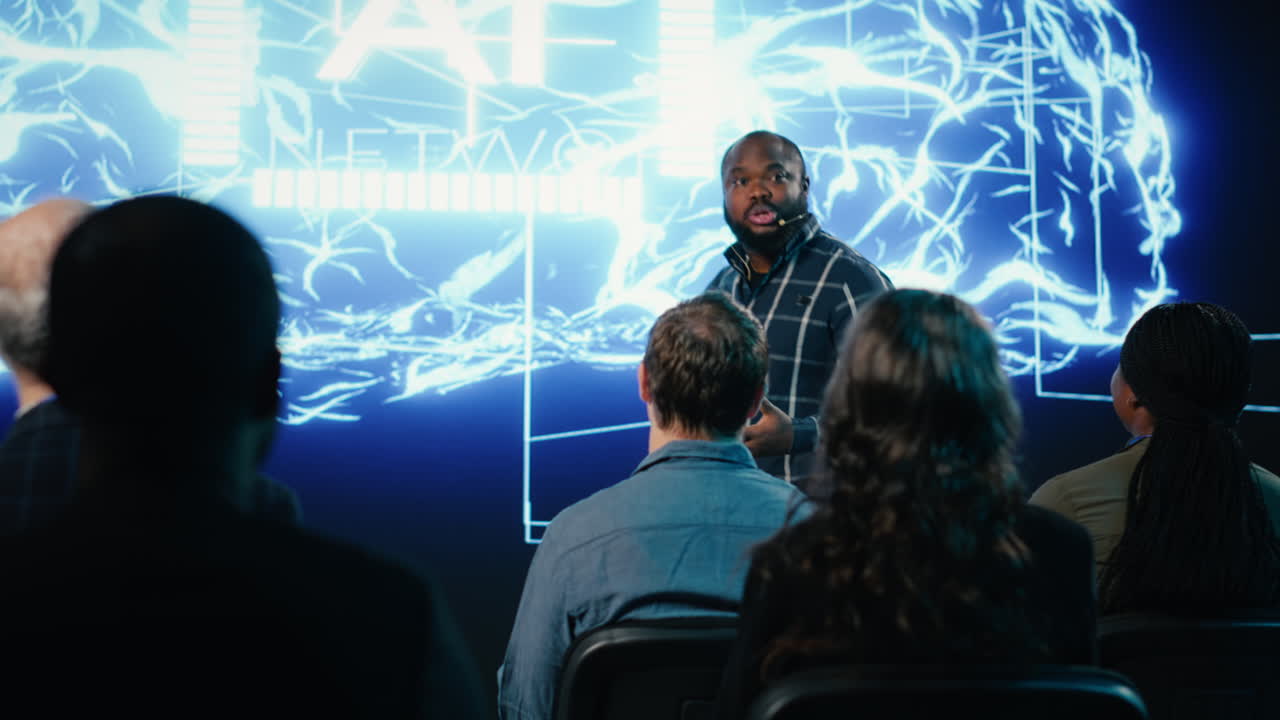 AI concept presentation on stage showing artificial intelligence technology