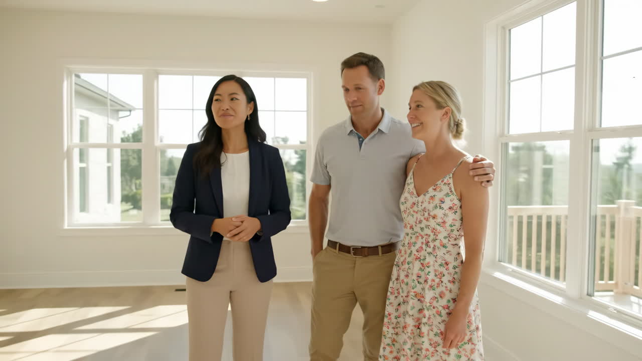 Casal visitando uma nova casa com um corretor de imóveis