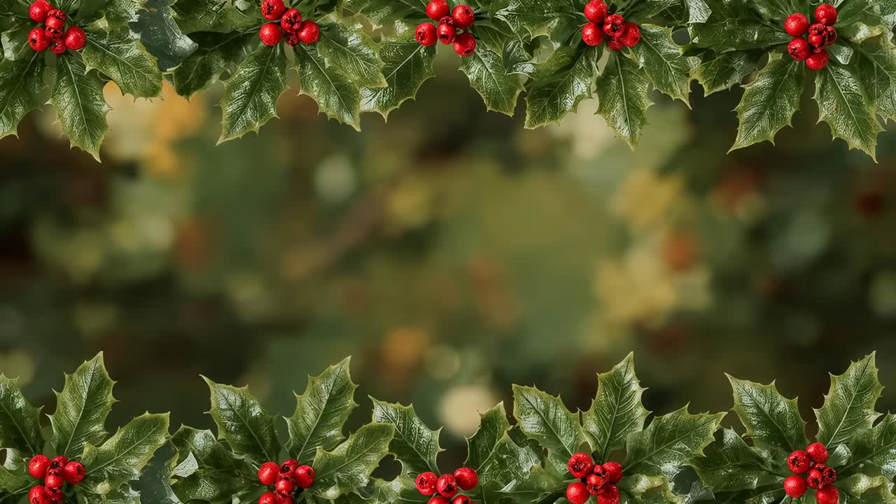 Looping-guirlander af kristtjørn, der skifter hen over festlig bokeh-baggrund, grønne blade og røde bær, der gløder