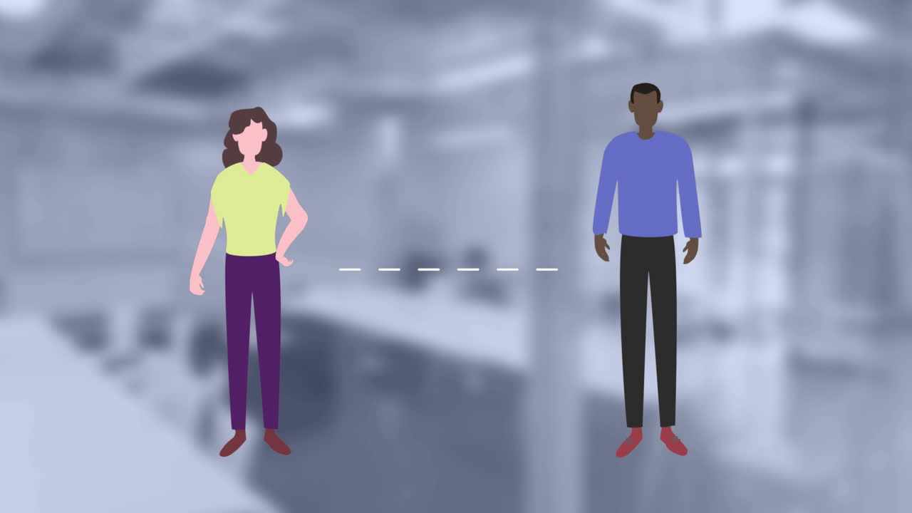 animación de personas distanciándose socialmente en una habitación borrosa