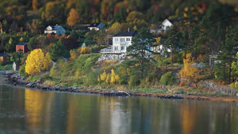 a peaceful lakeside view featuring modern homes on a grassy hillside, bathed in the warm colors of autumn