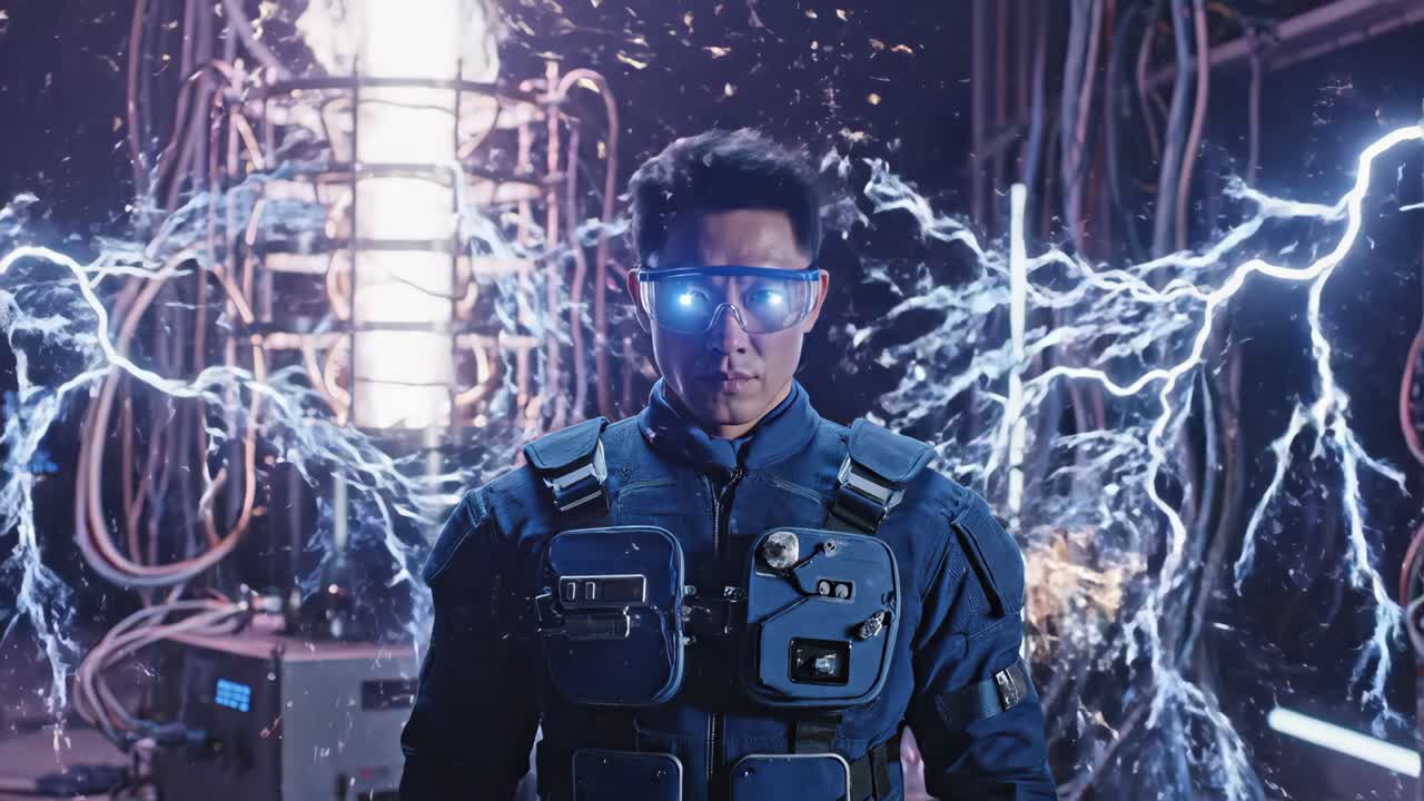 Asian man surrounded by electricity and water