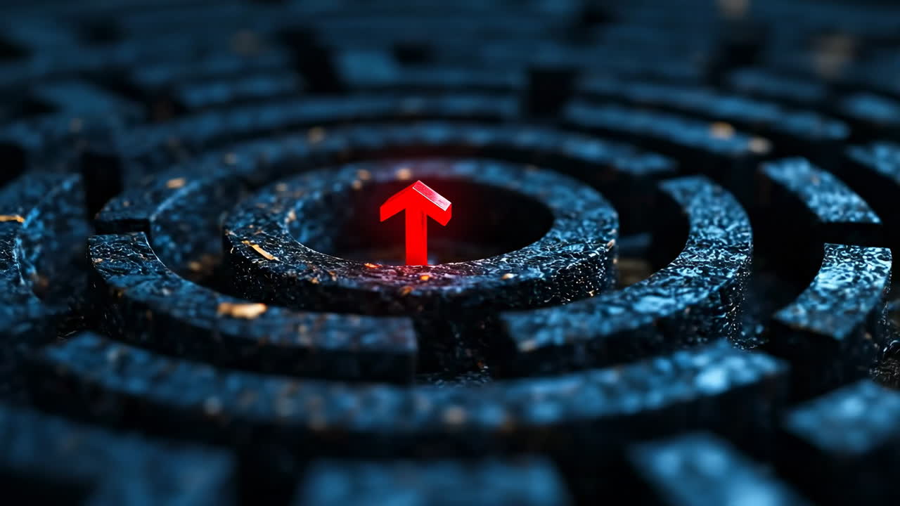 Navigating the intricate maze structure. A complex maze design with a glowing arrow indicating the way out at the center, set in a dark environment