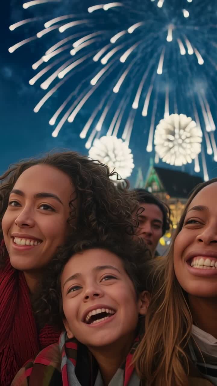 Vertical video: Smiling family wearing coats leaning under bursting fireworks over castle in plaza