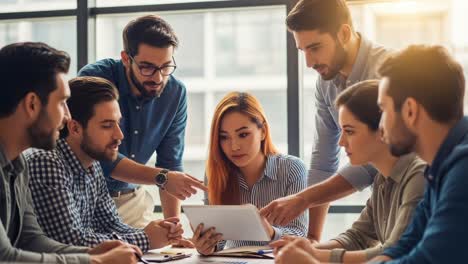 a group of professionals collaborating and engaging around a tablet while sharing ideas and insights in a modern workspace environment