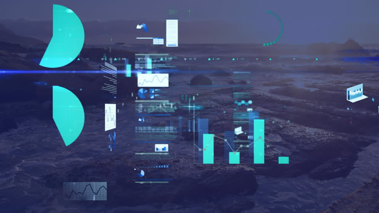 Animation of hud interface with graphs, data over view of rocky shore and sea against clear sky