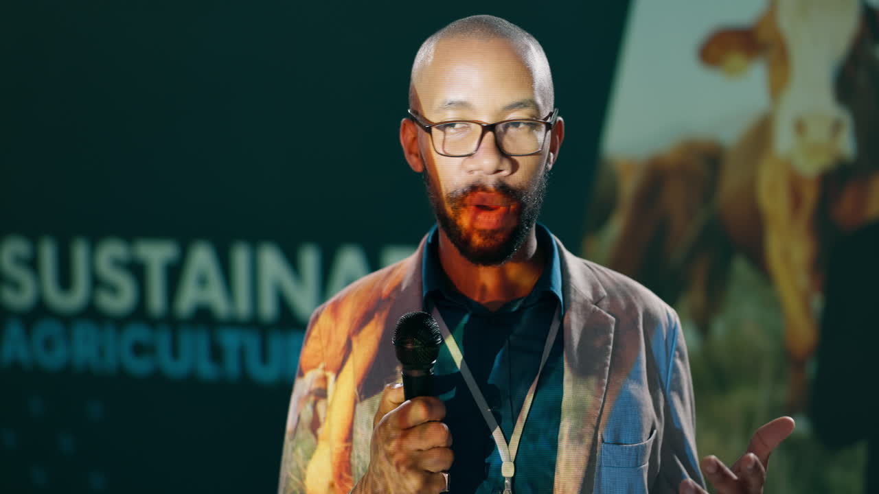 Man giving a presentation on sustainable agriculture