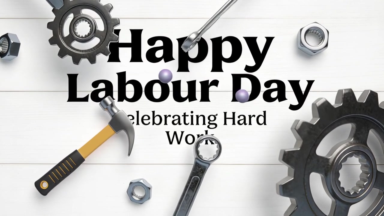 Frame 2 starting hammer and purple orbs shifting around Happy Labour Day greeting bench celebrating