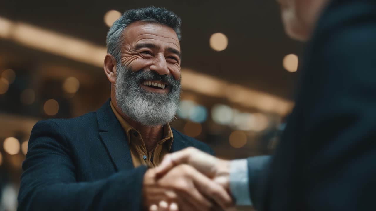 Un Caldo Incontro d'Affari che Mette in Evidenza un Professionista Entusiasta con la Barba, Impegnato in una Cordiale Stretta di Mano e Sorrisi Reciproci in un Contesto Urbano