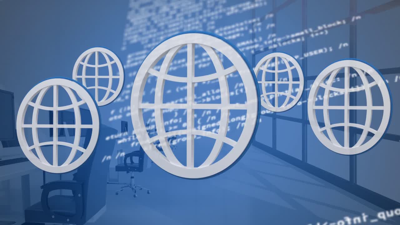 composición digital de múltiples iconos web flotando sobre el procesamiento de datos contra la oficina vacía