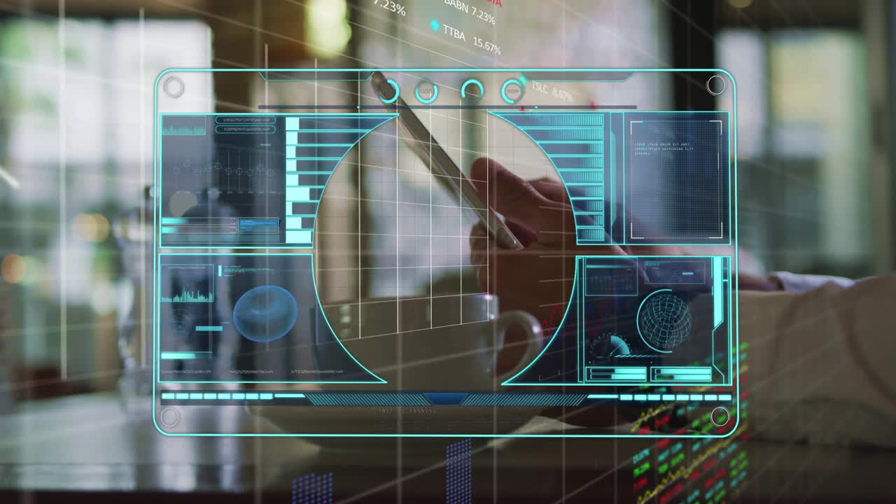 Using smartphone with futuristic digital interface showing data and graphs in animation