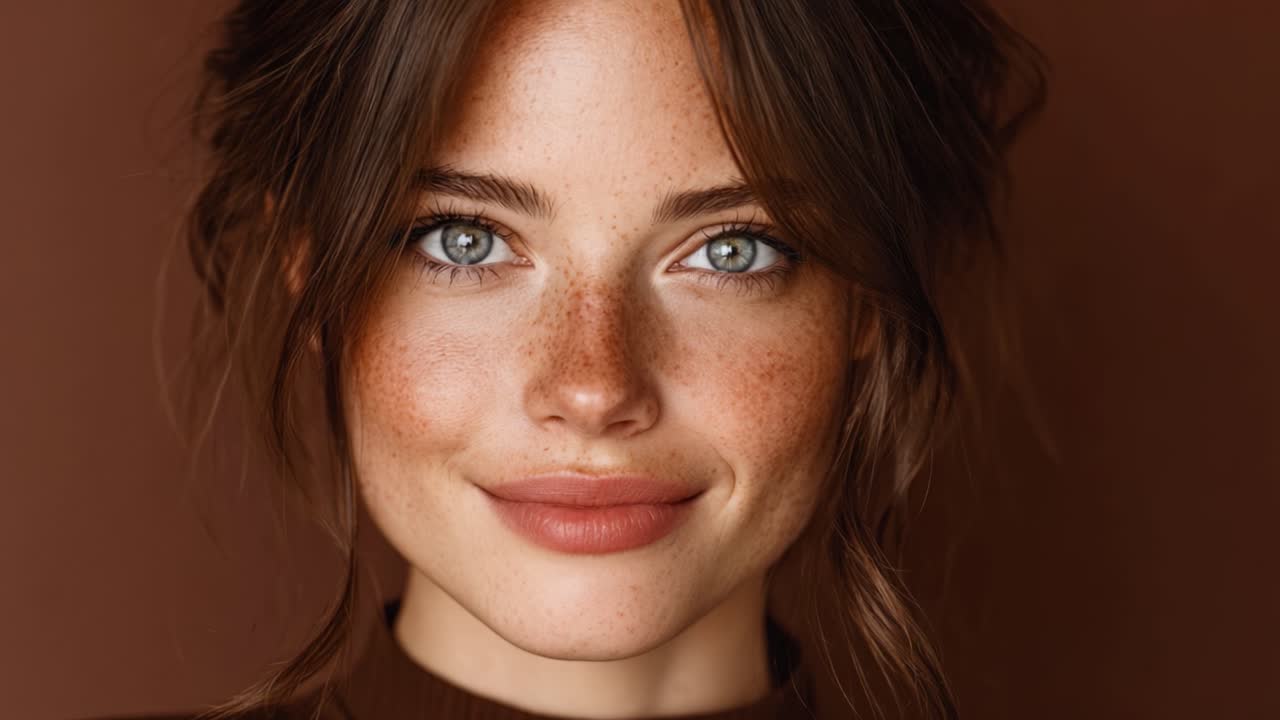Ritratto accattivante di una giovane donna con lentiggini e sorriso radioso su uno sfondo marrone caldo, che enfatizza la bellezza naturale e la luminosità della pelle.