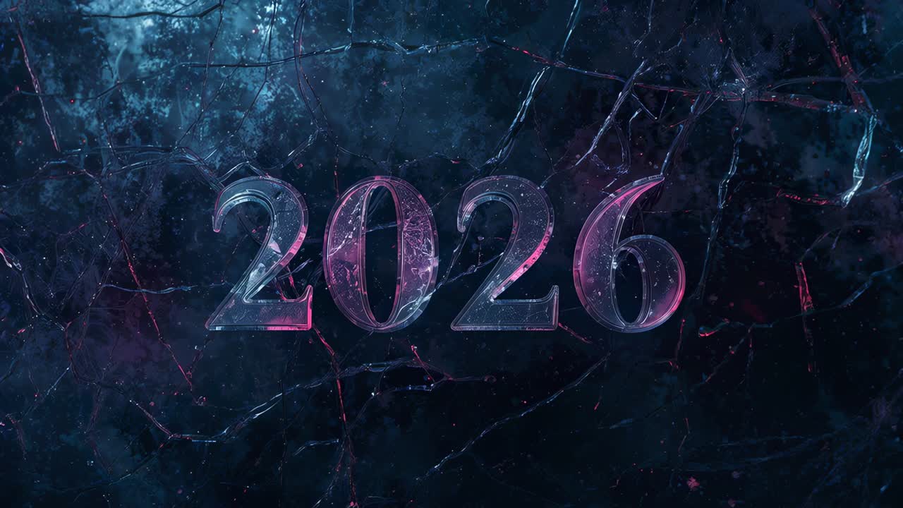 Numeri luminosi centrati 2026 che rispondono all'illuminazione radente a rampa, rivelando crepe come title card