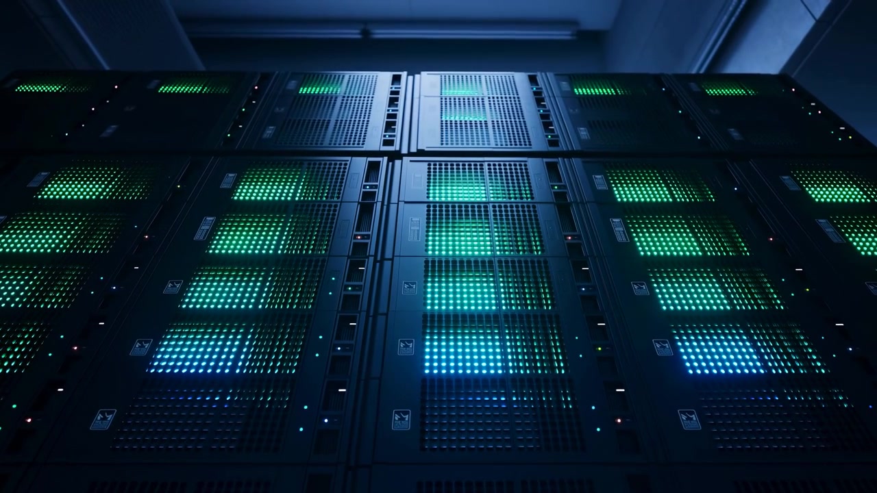 Low oblique view of stacked server rack units filling foreground and midground inside dimly lit data center with glowing status lights and strong industrial