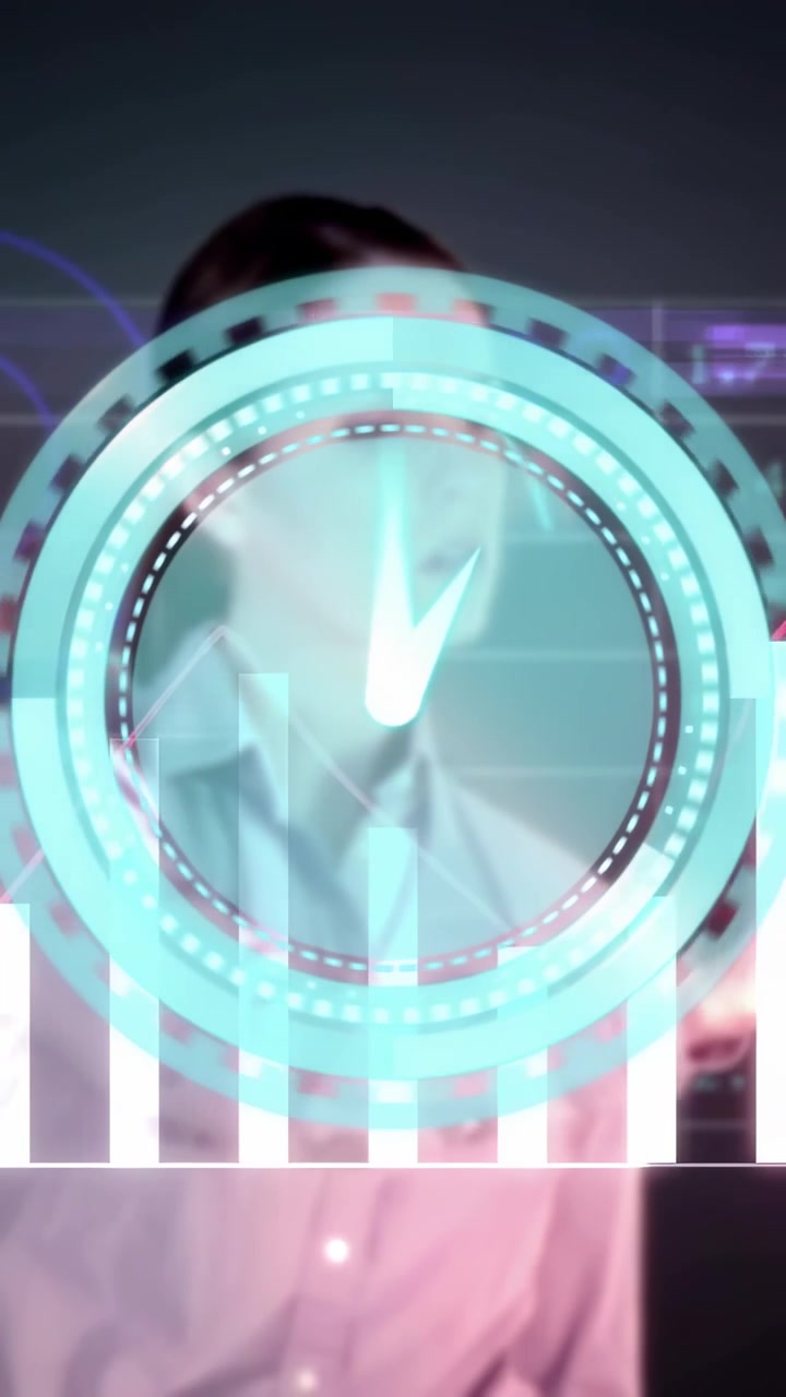 Vertical video: Presenter lifting arm with cyan arc appearing, expanding HUD, changing finance bars