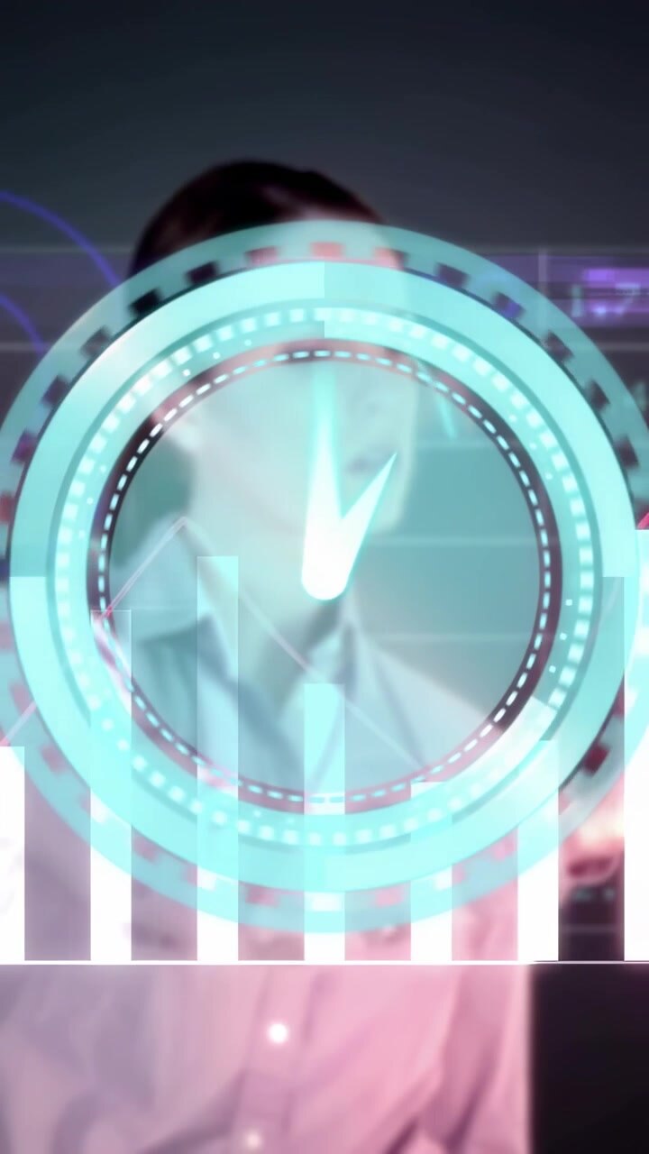 Vertical video: Presenter lifting arm with cyan arc appearing, expanding HUD, changing finance bars