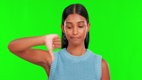 Thumbs-down,-green-screen-and-face-of-woman