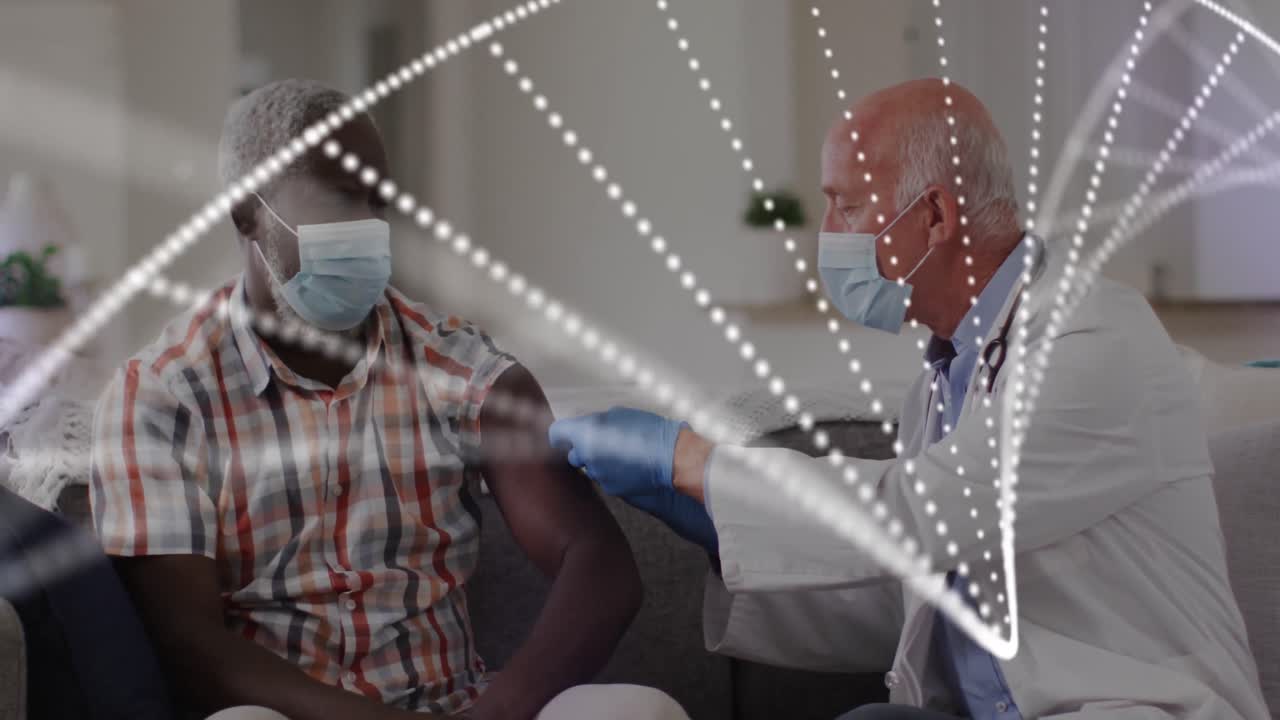 고령 환자와 함께 백인 남성 의사를 가로질러 dna 줄기의 애니메이션