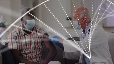 animation of dna strand over caucasian male doctor with senior patient